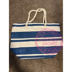 Victorias Secret Beach Tote Bag Blue White Stripe Rope Handles Large